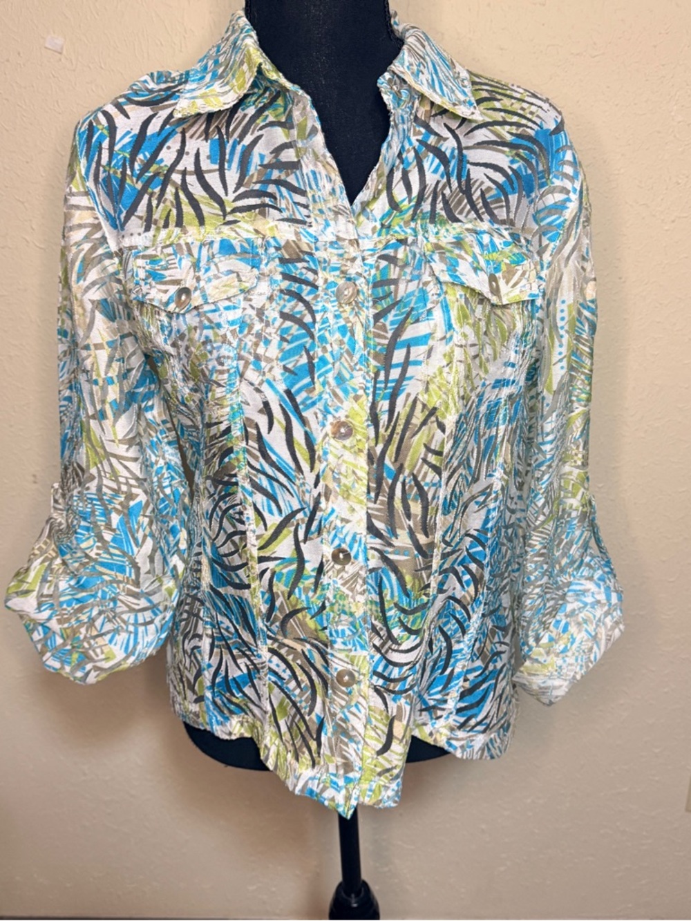 Women's Blue Green Printed Button-Down Shirt